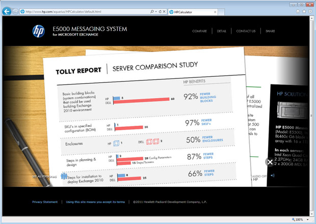 HP E5000 screen showing server comparison study